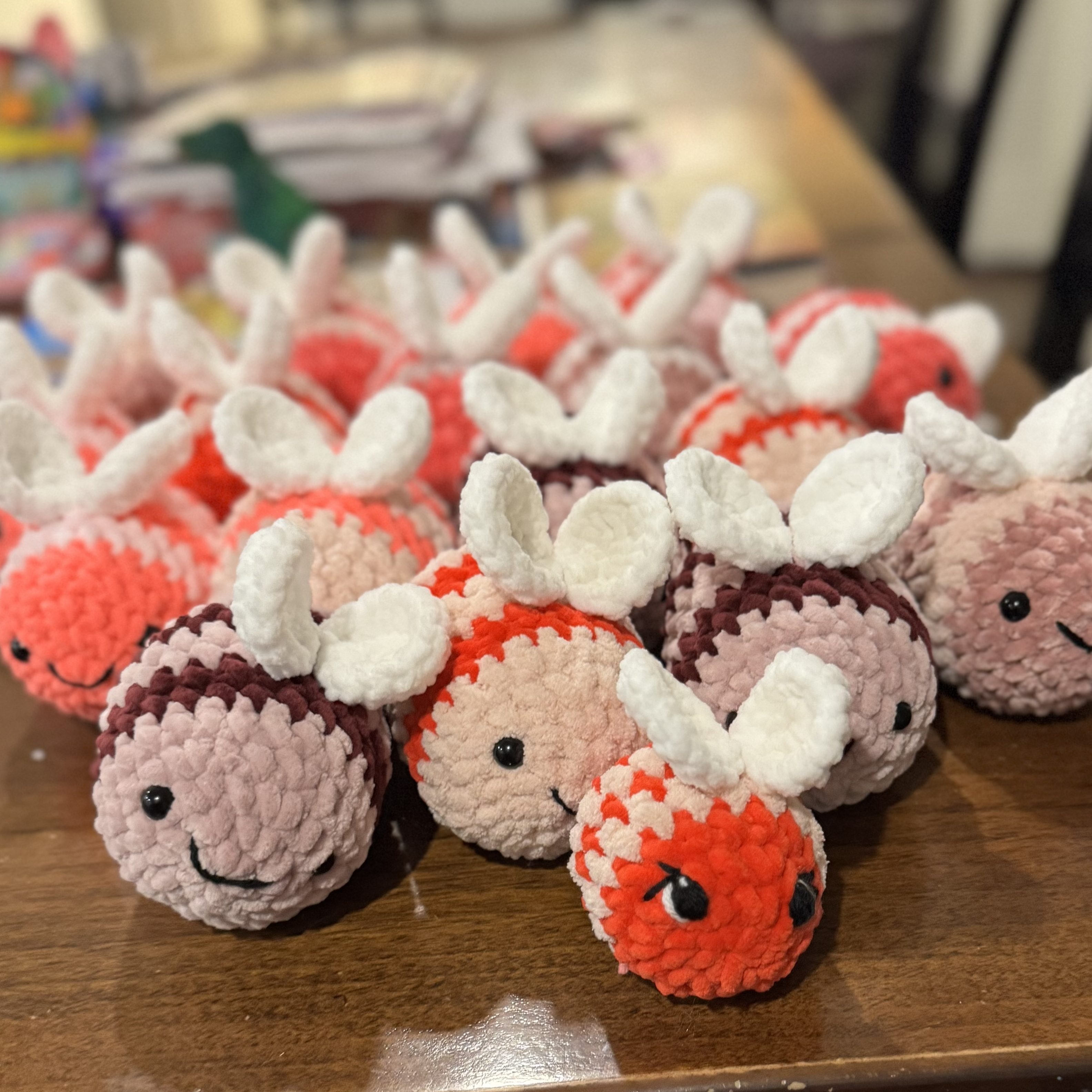 Crochet bumblebees on a table